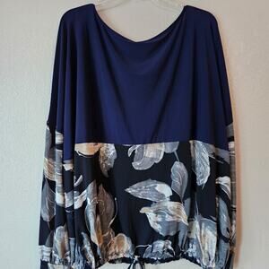 Women's Top Blue and Taupe Pullover Shirt Blouse 1X New